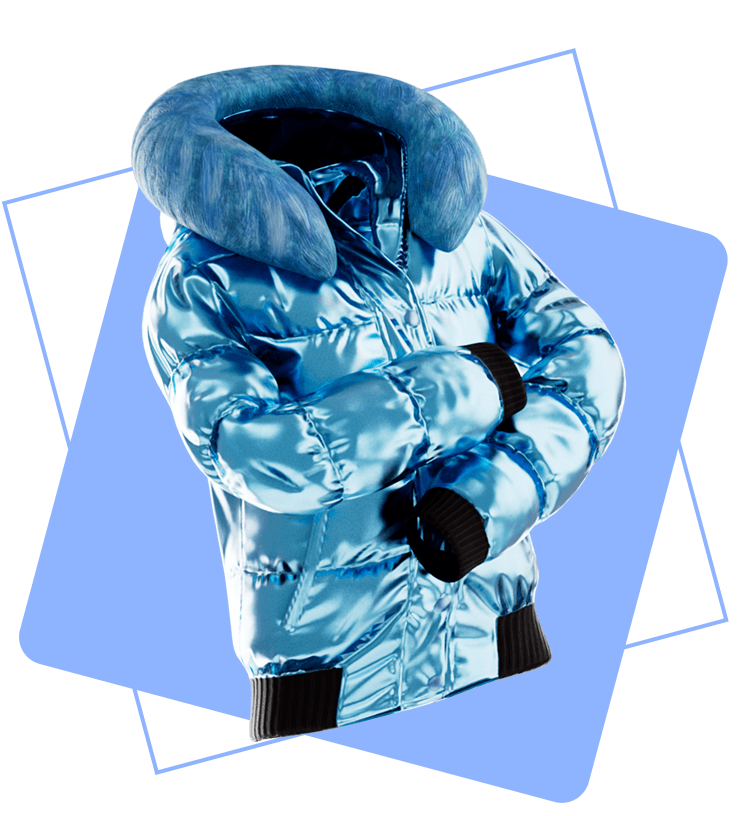A shiny, metallic light-blue Roblox puffer jacket with a black trim and a faux-fur collar, serving as an example of the digital avatar apparel users can save on with the Plus discount.