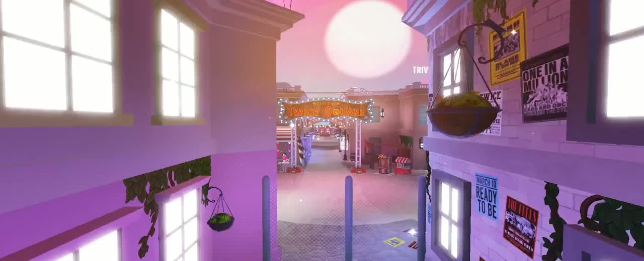 A group of digital avatars explore the fantastical fairground of TWICE Square.
