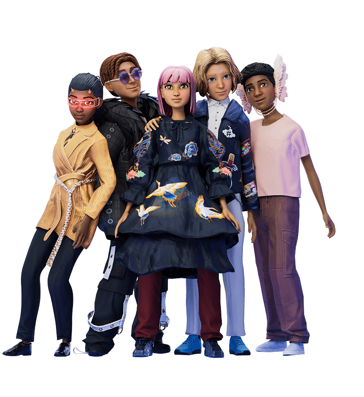 A diverse group of five stylish Roblox avatars standing together, illustrating the community of friends that users can instantly transfer Robux to for free.