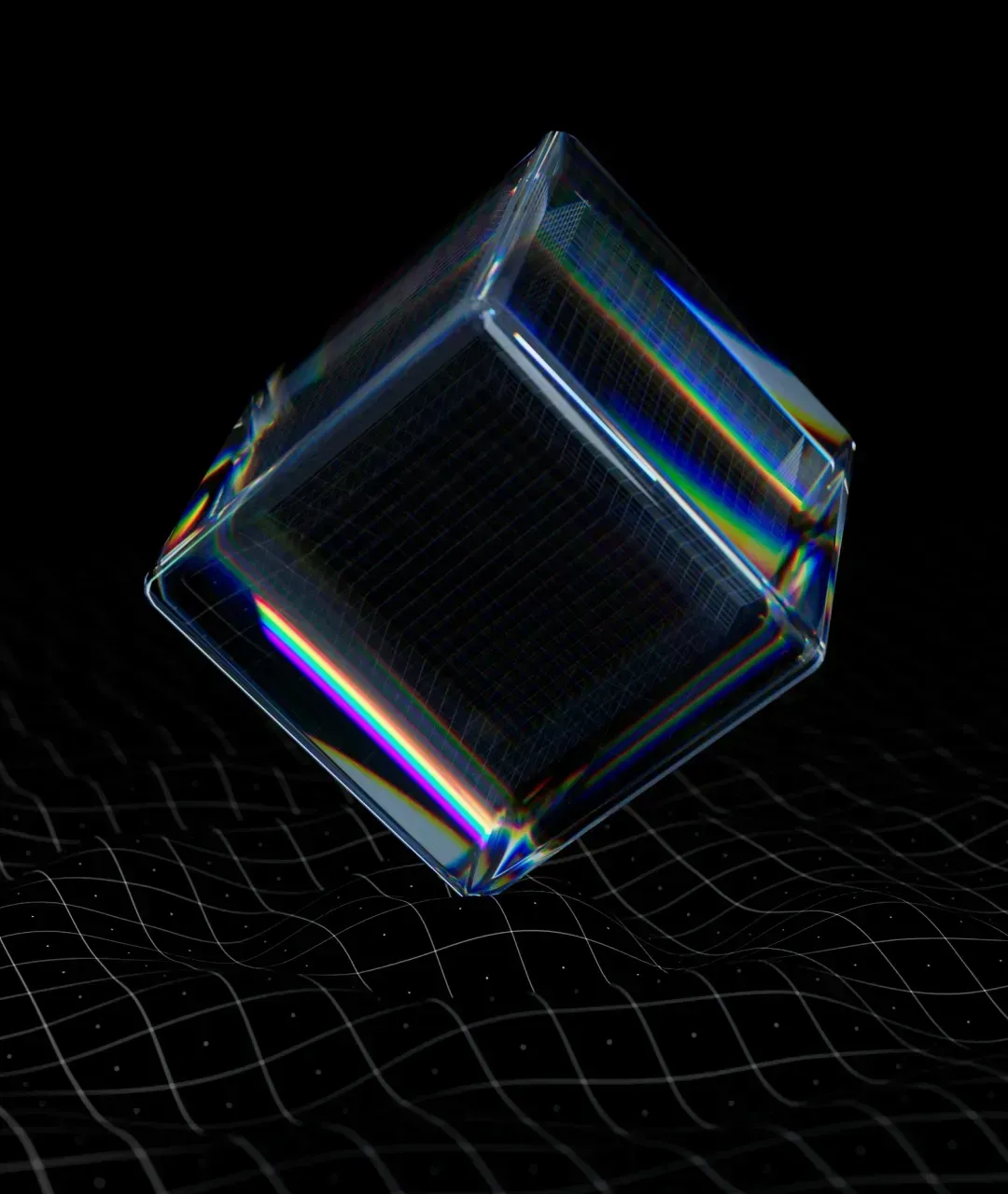 A translucent cube rests on its corner on a rippling, lined black surface.