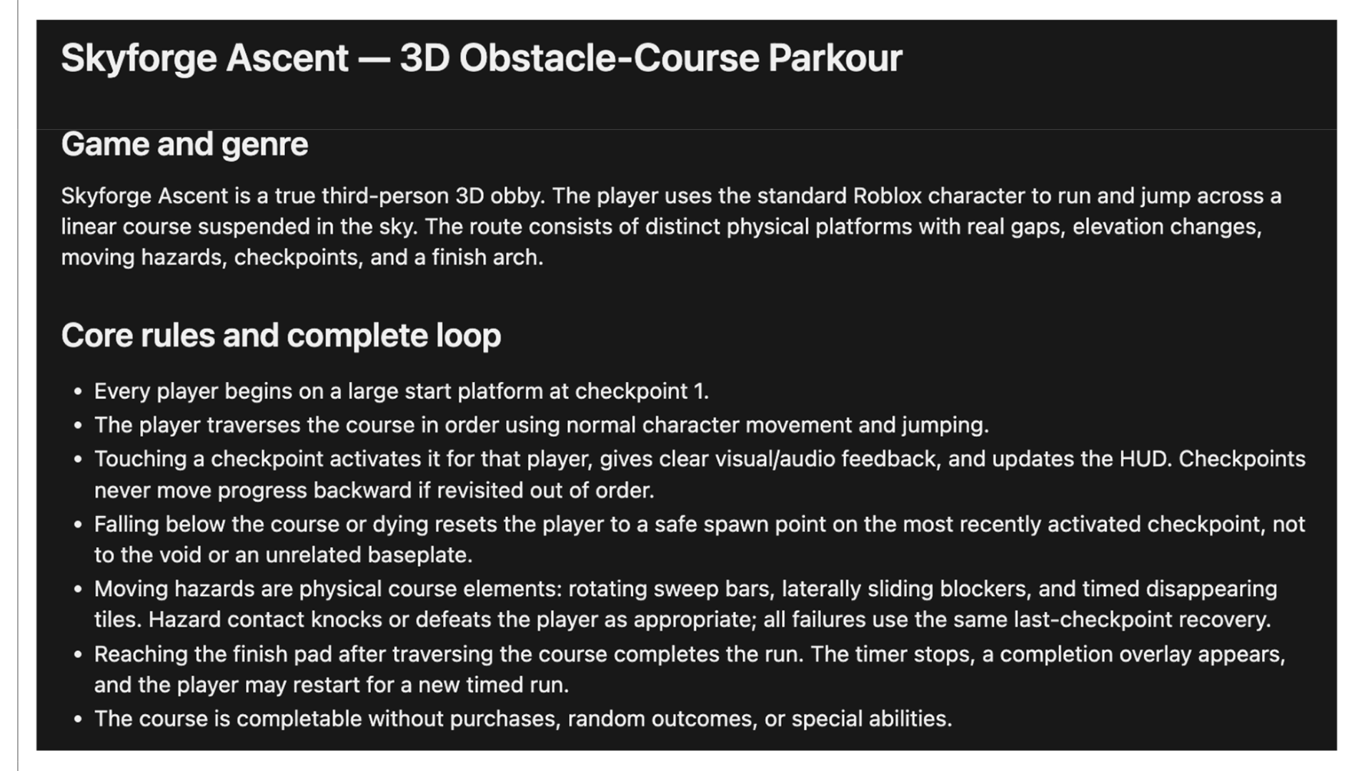 First section of the game spec that Build created.