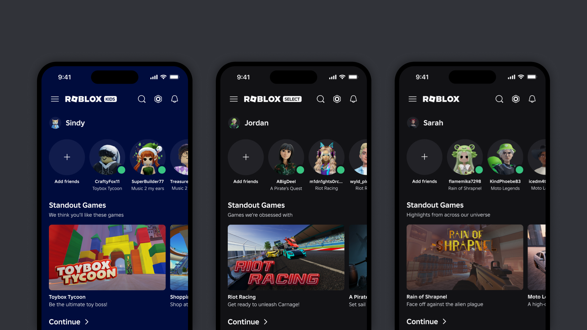 The different Roblox accounts available including Roblox Kids, Roblox Select, and Roblox