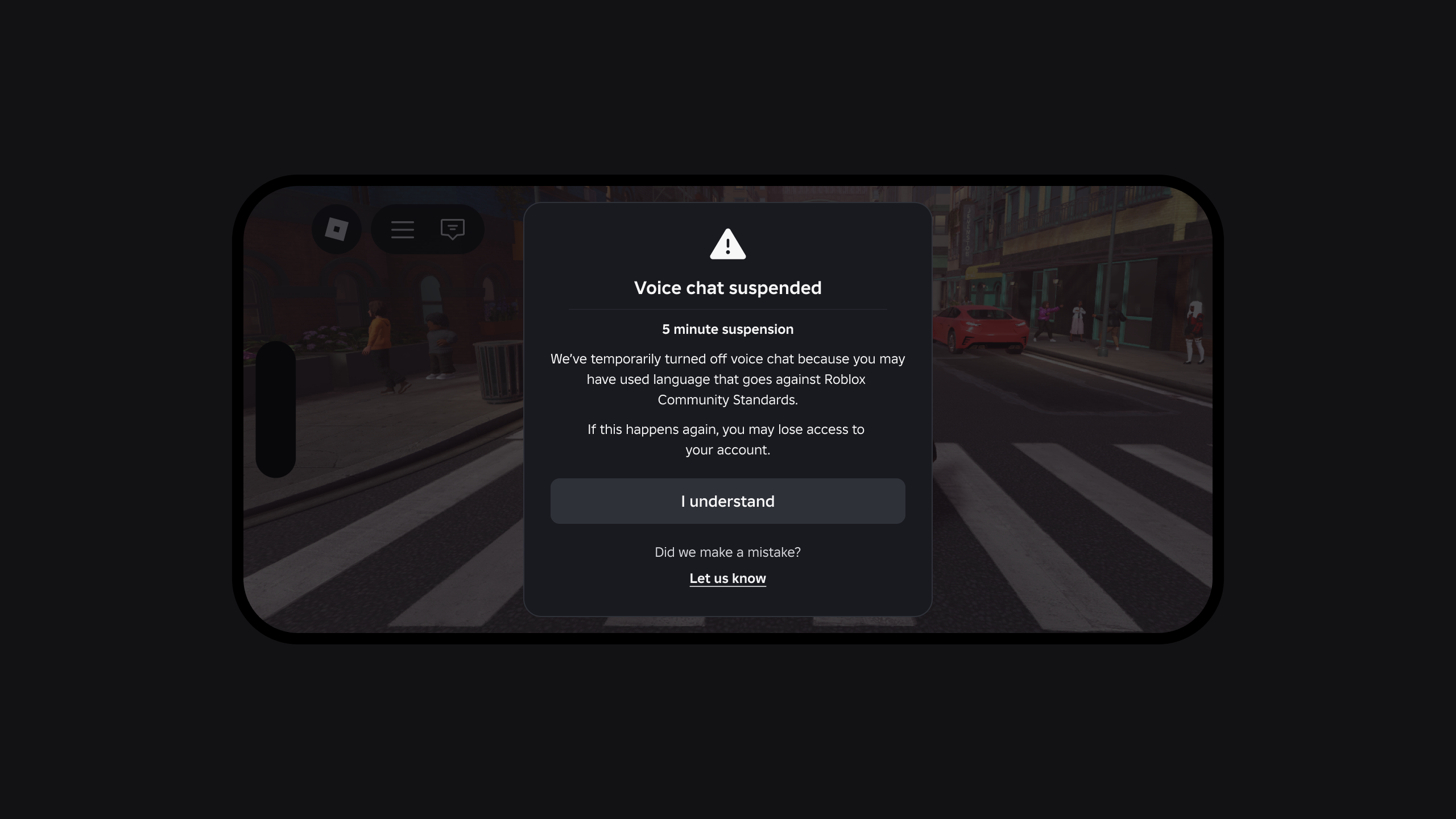 Notification that appears after a player has broken the rules more than once, letting them know that voice chat is temporarily suspended and giving them an opportunity to appeal. 