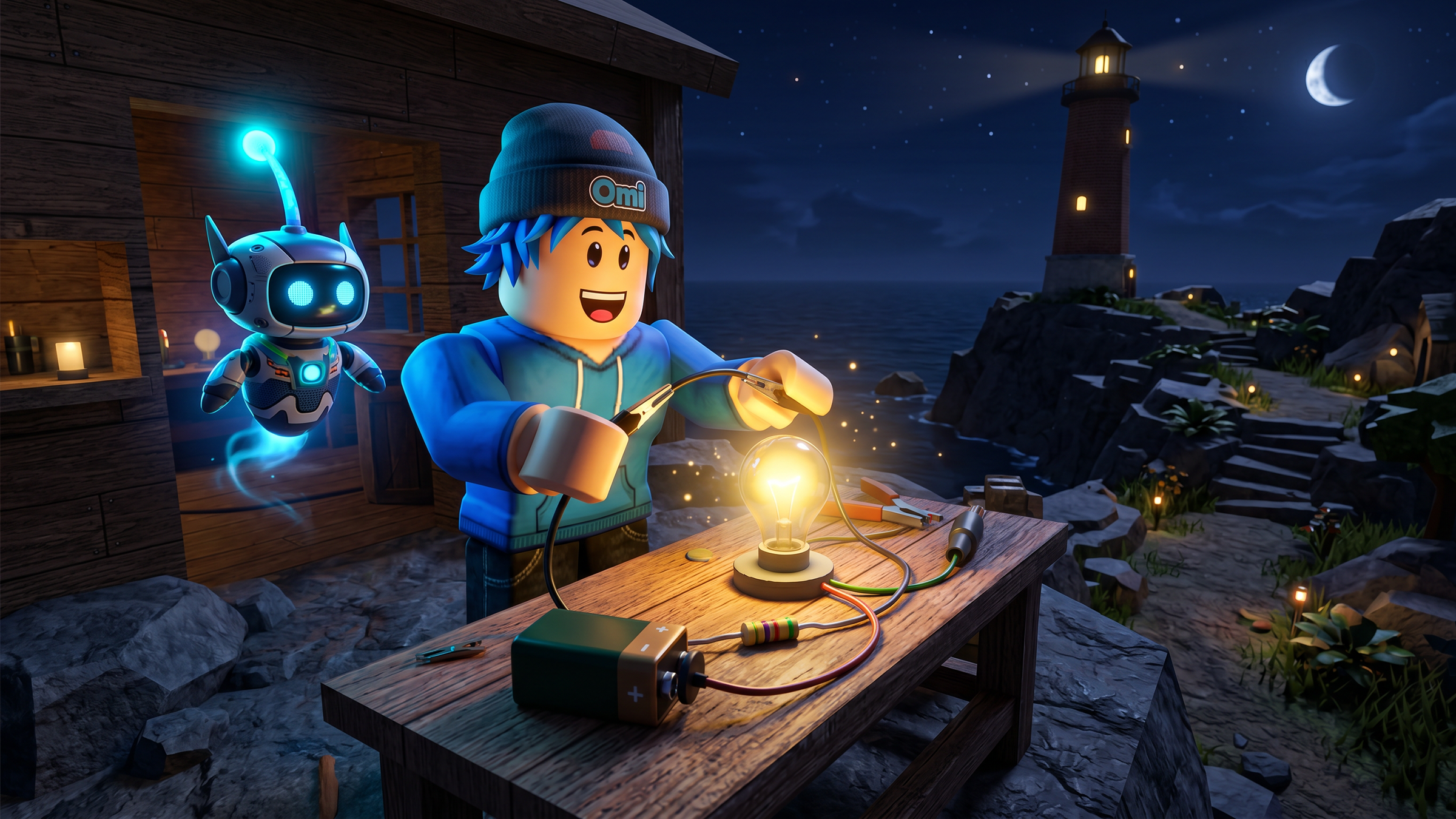 An avatar in a Roblox game learning about electricity and engineer. 