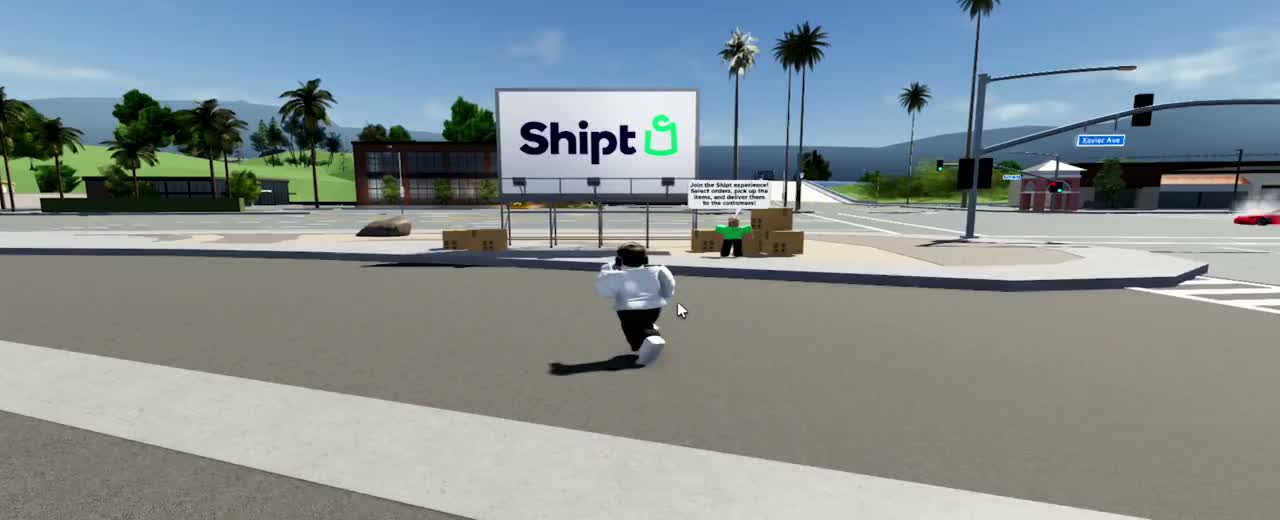 Colorful sports cars race through a beachside cityscape in Driving Empire.
